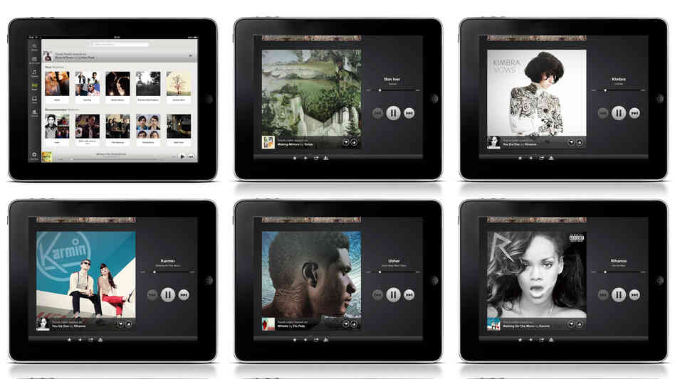 An image provided by Spotify shows music artwork displayed on its mobile app.  Spotify began offering a free radio service for mobile devices in the U.S. in June. Before that, customers had to pay $10 per month to use its mobile app.