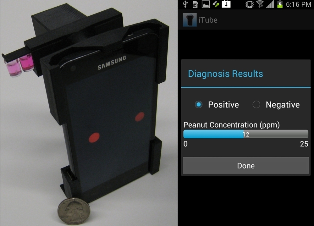 The iTube platform, left, uses colorimetric assays and a smartphone-based digital reader to detect potential food allergen. A screen capture of the iTube App appears on the right.