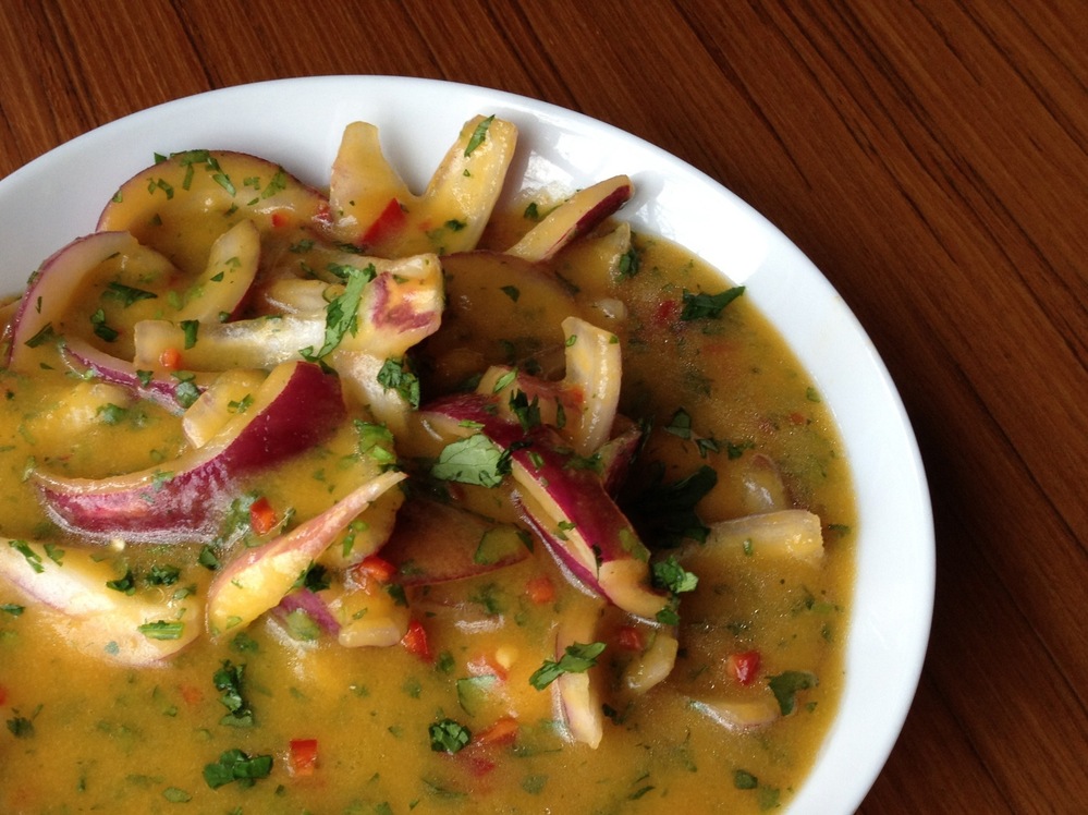 Presilla's Ecuadorian Spicy Onion and Tamarillo Salsa, made right in David Greene's kitchen.