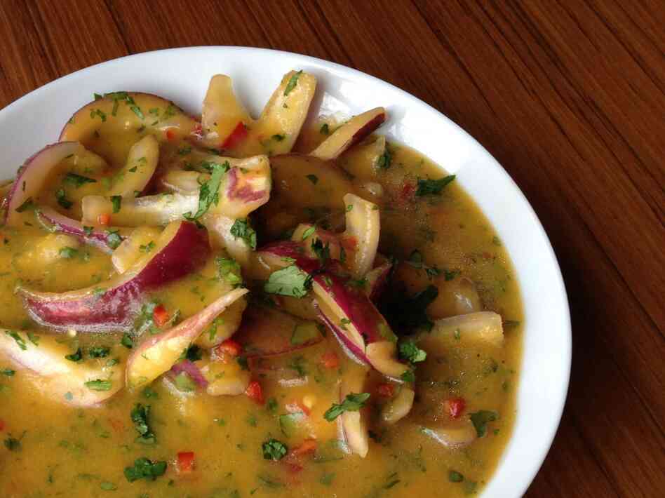 Presilla's Ecuadorian Spicy Onion and Tamarillo Salsa, made right in David Greene's kitchen.