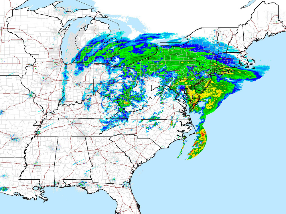 The wicked weather covers a lot of territory. (Image shows conditions as of late afternoon Wednesday, ET.