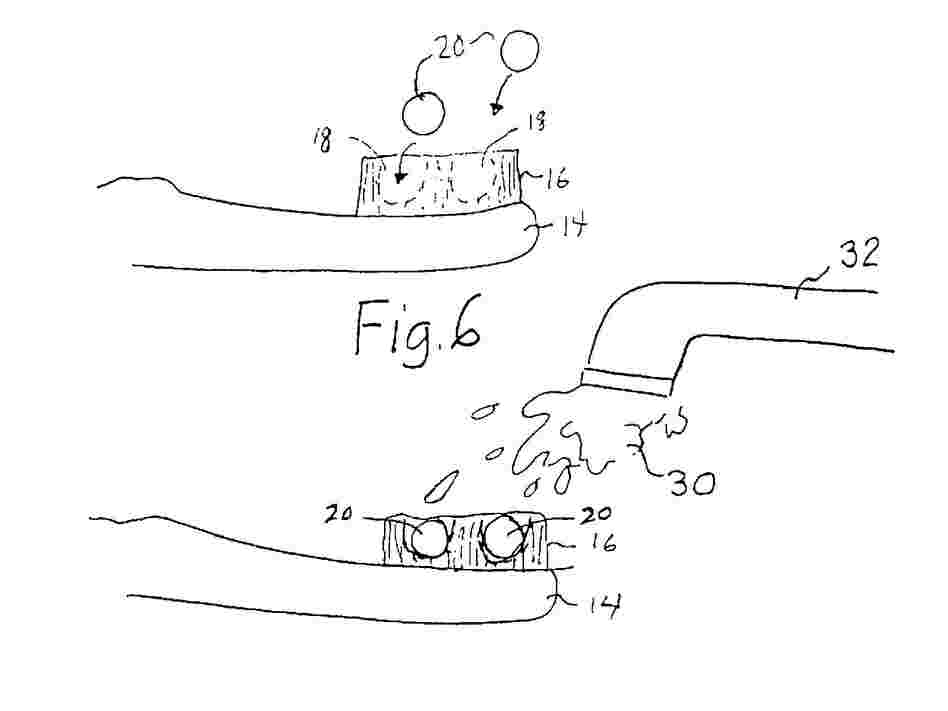 A drawing from Joshua Atkin's 2012 patent for "Dehydrated Dentifrice And Toothbrush." A drawing from Joshua Atkin's 2012 patent for "Dehydrated Dentifrice And Toothbrush."