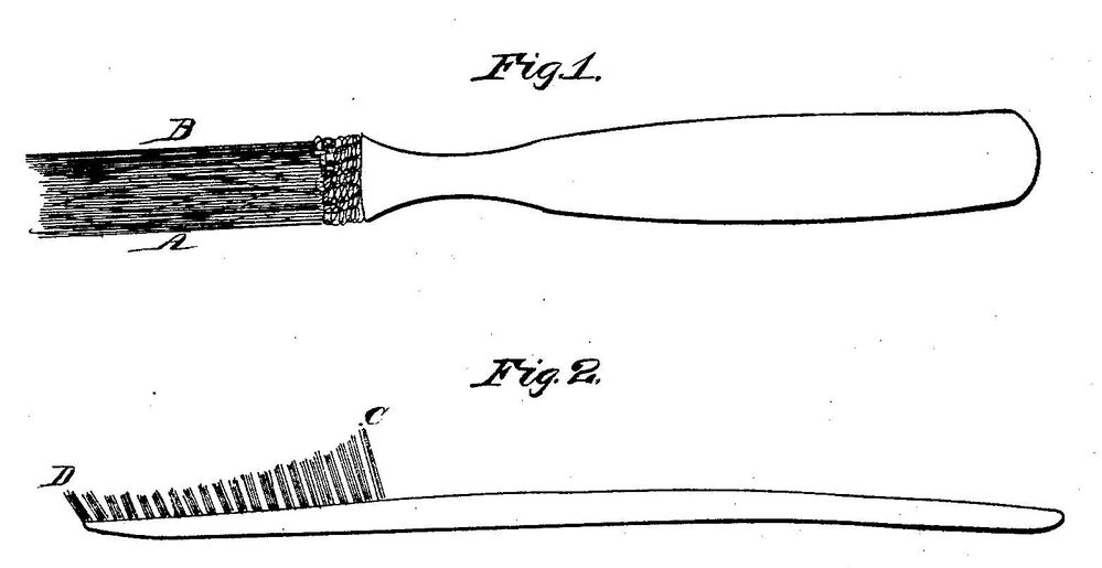 A drawing from H.N. Wadsworth's 1857 toothbrush patent. Wadsworth's toothbrush was the first to be patented in the U.S. A drawing from H.N. Wadsworth's 1857 toothbrush patent. Wadsworth's toothbrush was the first to be patented in the U.S.