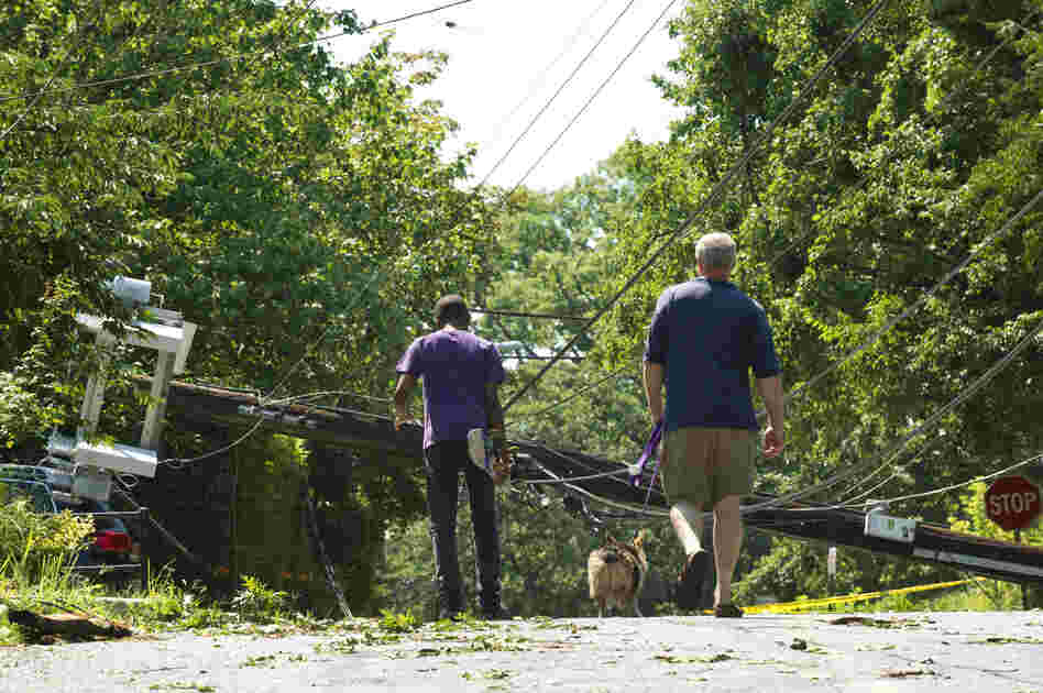 People in Takoma Park, Md., walk toward a fallen telephone pole on June 30 after heavy overnight thunderstorms devastated the Washington, D.C., metropolitan area. The line of storms known as a derecho left over 1 million people without power.