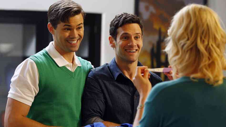 Partners Bryan (Andrew Rannells) and David (Justin Bartha) decide to use a surrogate to expand their family in The New Normal. Partners Bryan (Andrew Rannells) and David (Justin Bartha) decide to use a surrogate to expand their family in The New Normal.