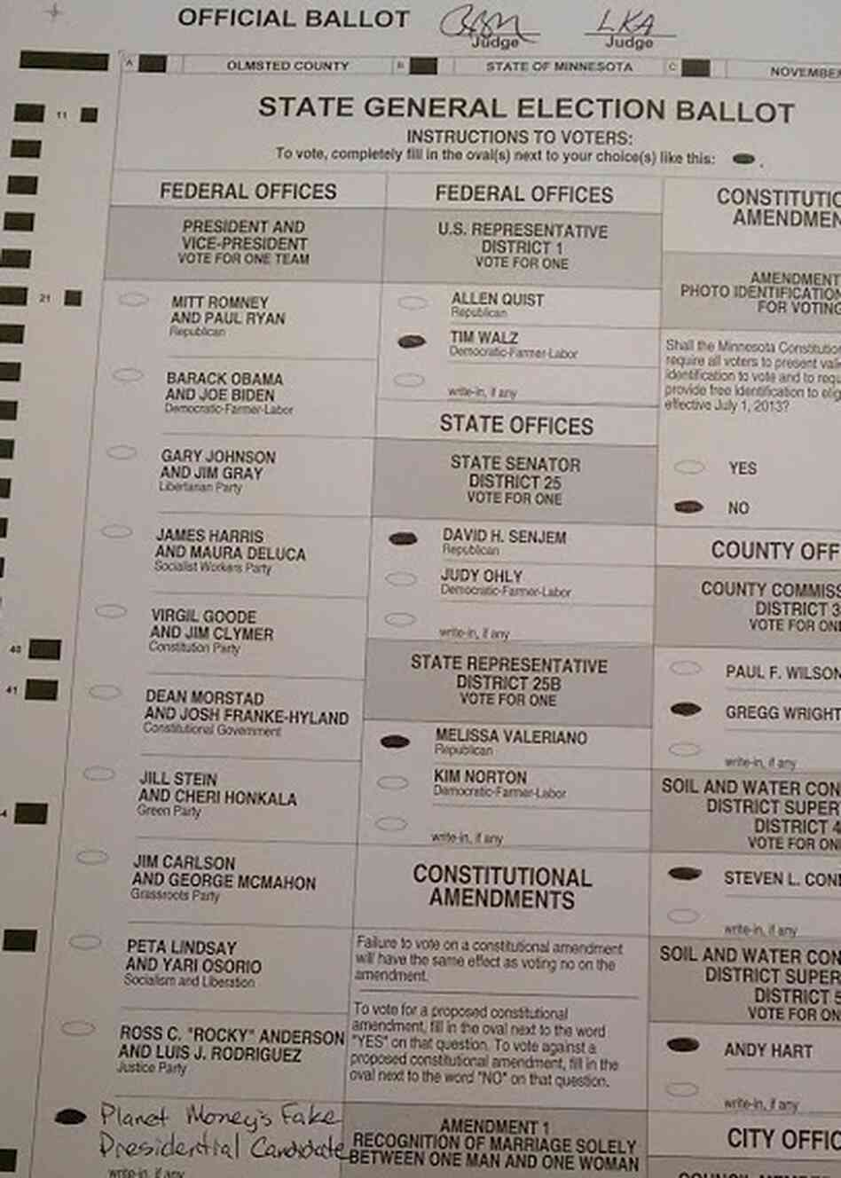 Our fake candidate got one vote from listener Aaron V. Our fake candidate got one vote from listener Aaron V.