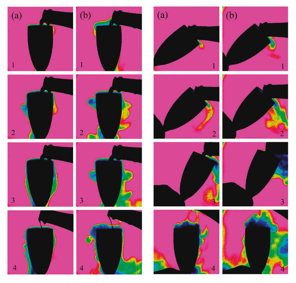 This time sequence illustrates a comparison of champagne being poured in the traditional method (left) and like beer (right) as seen with an infrared video camera. This time sequence illustrates a comparison of champagne being poured in the traditional method (left) and like beer (right) as seen with an infrared video camera.