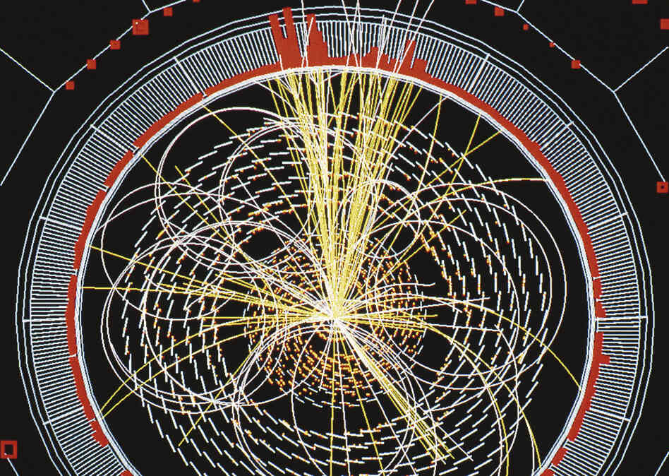 Scientists at the Large Hadron Collider announced the discovery of the Higgs boson on July 4, the long-sought building block of the universe. This image shows a computer-simulation of data from the collider.