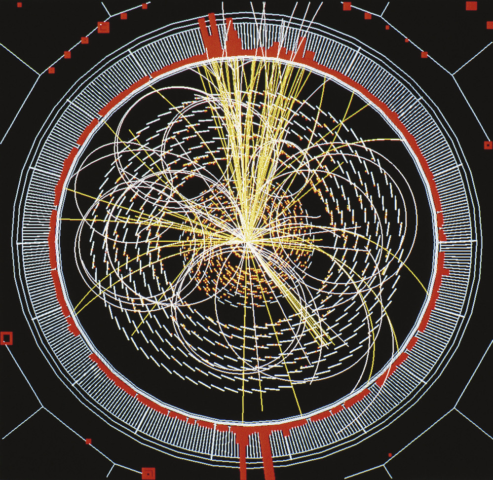 Scientists at the Large Hadron Collider announced the discovery of the Higgs boson on July 4, the long-sought building block of the universe. This image shows a computer-simulation of data from the collider.