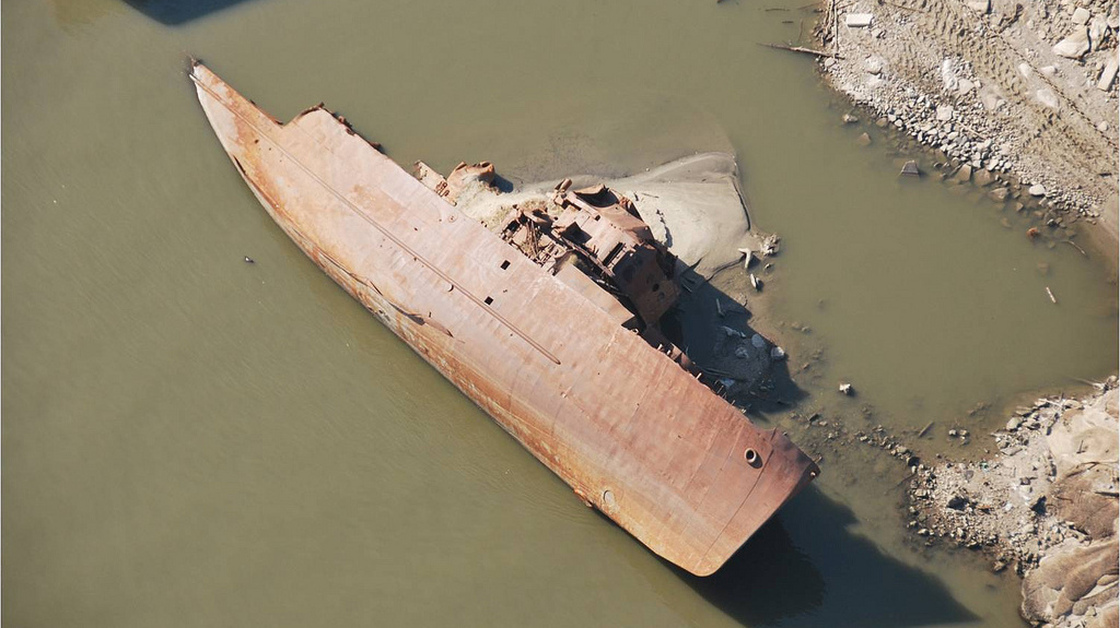 This WWII-era minesweeper once was a floating museum in St. Louis. Swept away in a 1993 flood, it has been under water in the river for most of the years since. But the ship has been exposed as the river's water level has fallen. (Photo taken on Dec. 14.)