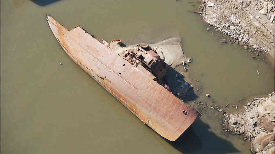 This WWII-era minesweeper once was a floating museum in St. Louis. Swept away in a 1993 flood, it has been under water in the river for most of the years since. But the ship has been exposed as the river's water level has fallen. (Photo taken on Dec. 14.)