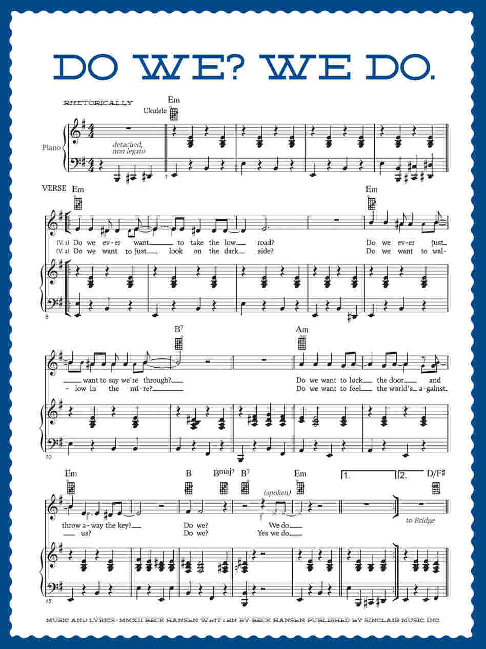 The sheet music for Beck's "Do We? We Do." as it appears in the Song Reader package.
