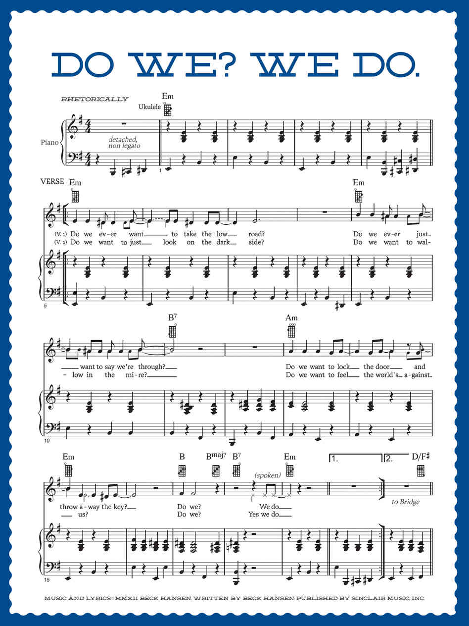 The sheet music for Beck's "Do We? We Do." as it appears in the Song Reader package.