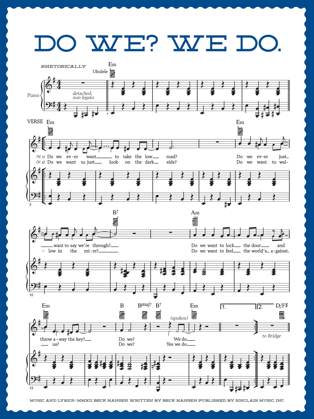 The sheet music for Beck's "Do We? We Do." as it appears in the Song Reader package.
