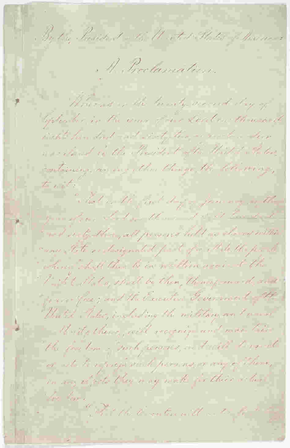The first page of the Emancipation Proclamation on display at the National Archives in Washington, D.C.