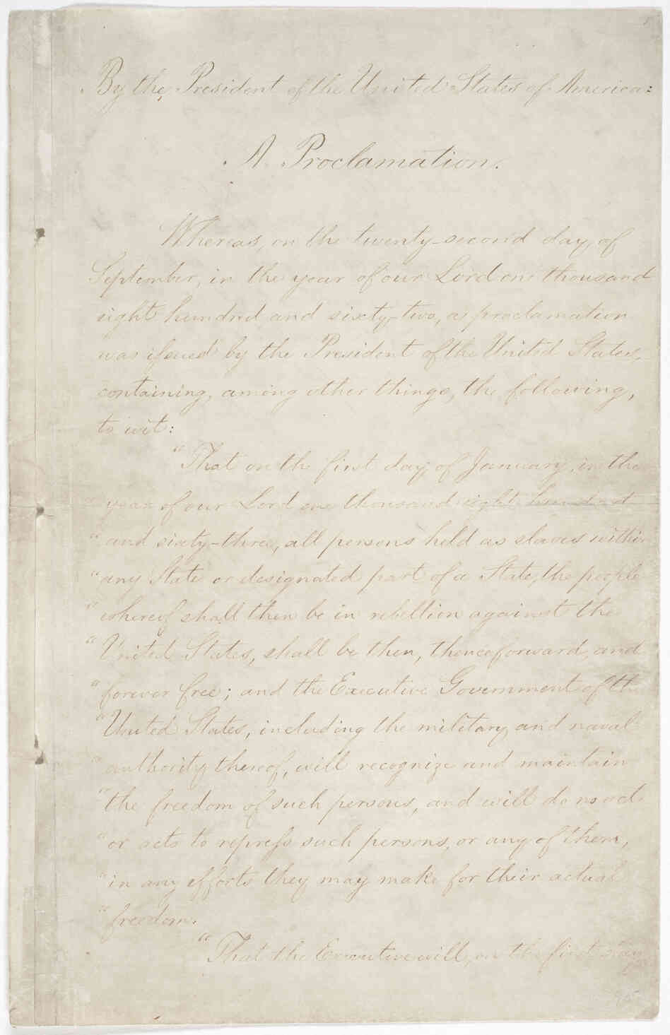 The first page of the Emancipation Proclamation on display at the National Archives in Washington, D.C.