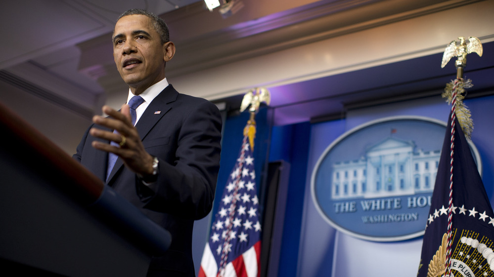 President Barack Obama gestures during a statement on the fiscal cliff negotiations with congressional leaders in the briefing room of the White House on Friday in Washington.
