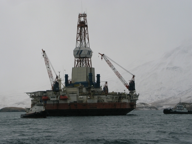 The drilling rig Kulluk, seen here in 2010, is specially built to work in the Arctic Ocean. Its round shape deflects ice floating in the water.
