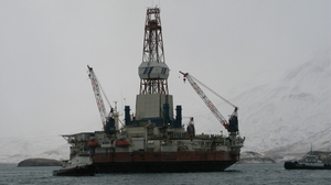 The drilling rig Kulluk, seen here in 2010, is specially built to work in the Arctic Ocean. Its round shape deflects ice floating in the water.
