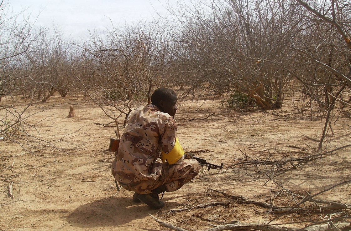 A Malian troop member checks bushes after a military raid in the Wagoudou forest.