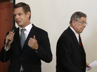 Then-candidate Eric Swalwell speaks as Rep. Pete Stark, D-Calif., walks offstage during an endorsement meeting at the Alameda County Democratic Lawyers Club in Oakland, Calif., in September. Then-candidate Eric Swalwell speaks as Rep. Pete Stark, D-Calif., walks offstage during an endorsement meeting at the Alameda County Democratic Lawyers Club in Oakland, Calif., in September.