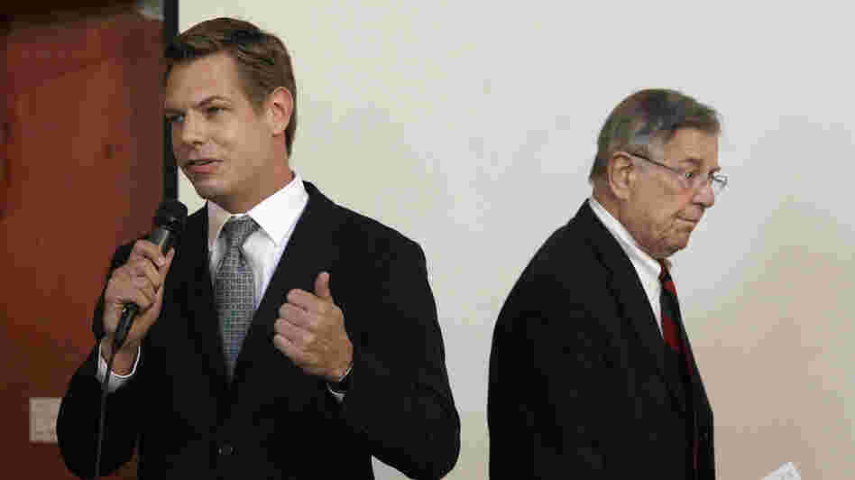 Then-candidate Eric Swalwell speaks as Rep. Pete Stark, D-Calif., walks offstage during an endorsement meeting at the Alameda County Democratic Lawyers Club in Oakland, Calif., in September. Then-candidate Eric Swalwell speaks as Rep. Pete Stark, D-Calif., walks offstage during an endorsement meeting at the Alameda County Democratic Lawyers Club in Oakland, Calif., in September.