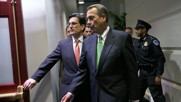 House Speaker John Boehner, R-Ohio (right), and Majority Leader Eric Cantor, R-Va., enter a Republican caucus meeting at the U.S. Capitol on Tuesday.