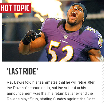 An image of NFL.com's homepage Wednesday shows the websites coverage of Ray Lewis' retirement.
