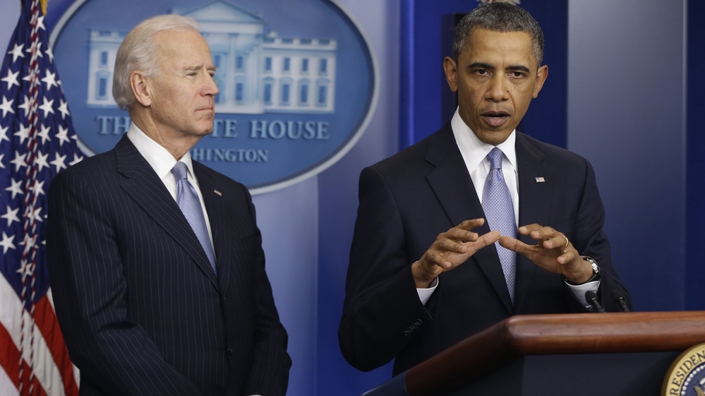 President Barack Obama and Vice President Joe Biden make a statement regarding the passage of the fiscal cliff bill in the Brady Press Briefing Room at the White House late Tuesday evening.