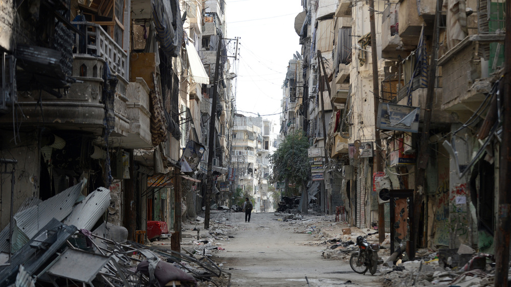 An almost deserted, rubble-filled street in Aleppo, Syria (Oct. 9, 2012).