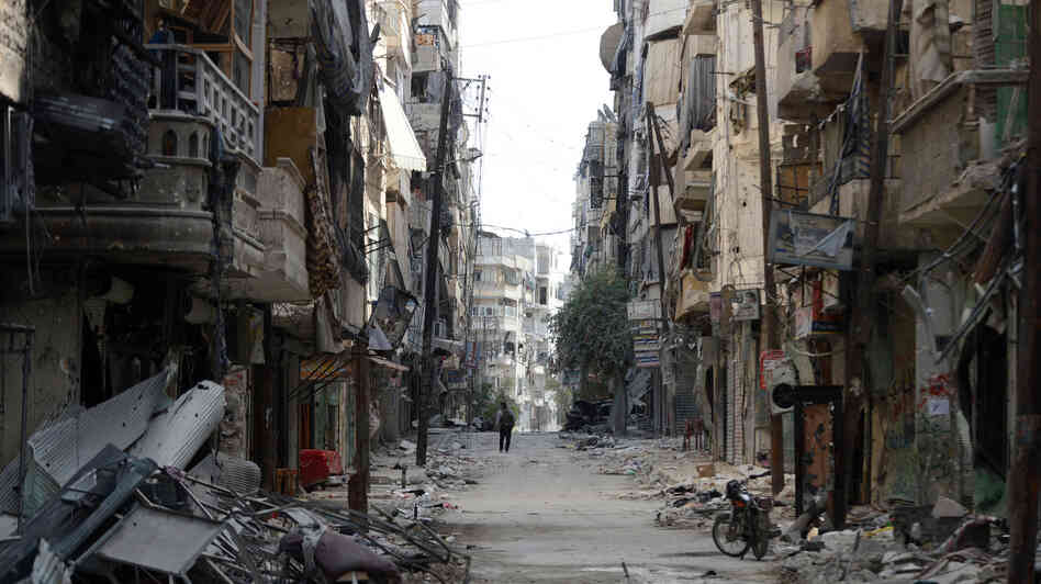 An almost deserted, rubble-filled street in Aleppo, Syria (Oct. 9, 2012).