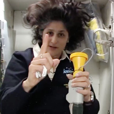 Williams explains how astronauts use the bathroom in a weightless environment.