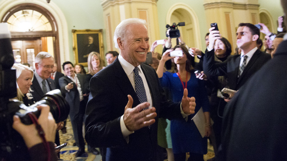 Vice President Joe Biden arrives for a closed-door meeting with Senate Democrats to urge them to support a fiscal cliff deal on Monday.