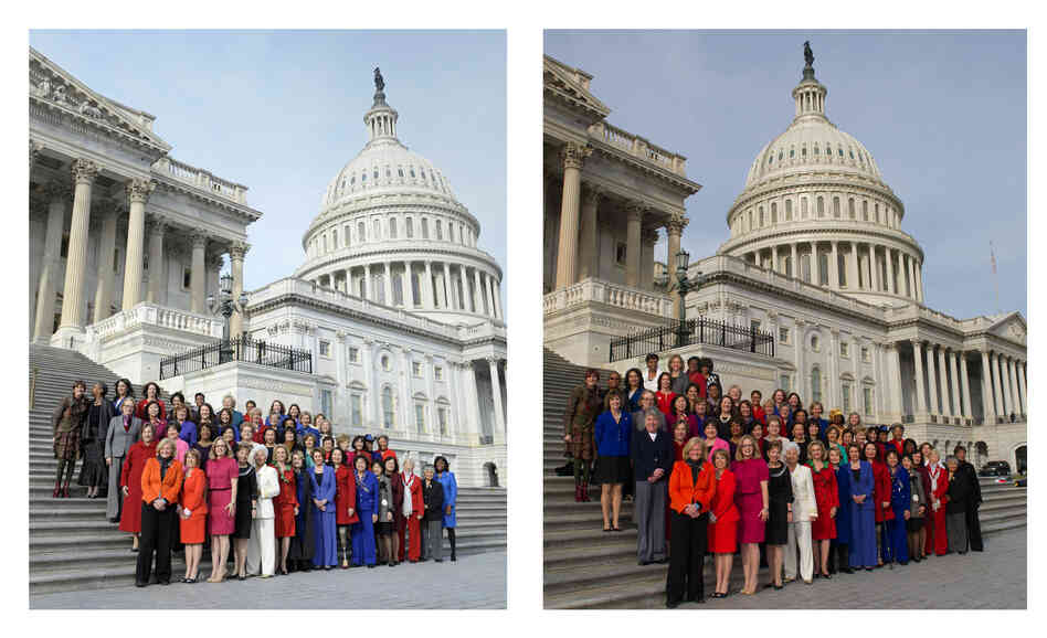 At left: An Associated Press photo taken Thursday as female House Democrats posed outside the Capitol. At right: The image produced by Pelosi's office, which adds four women to the top row, in the middle.