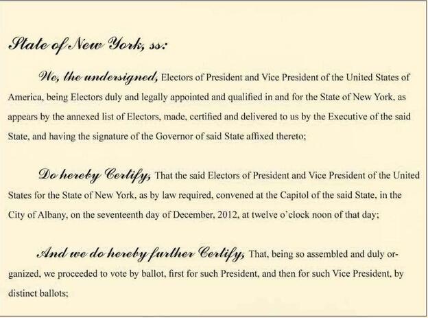 An image of New York's Electoral College certificate.