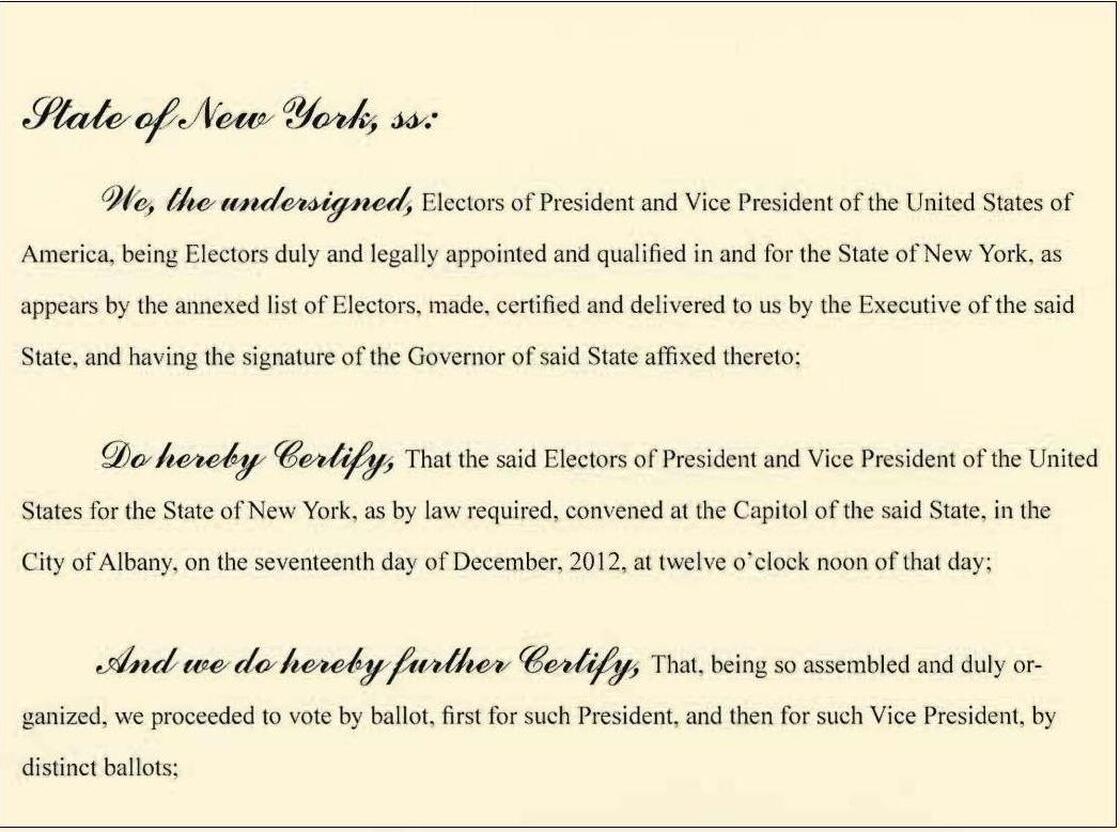 An image of New York's Electoral College certificate.