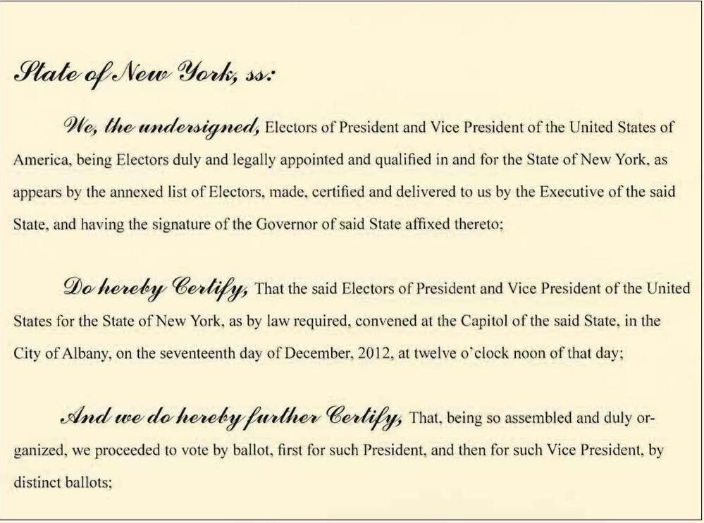 An image of New York's Electoral College certificate.