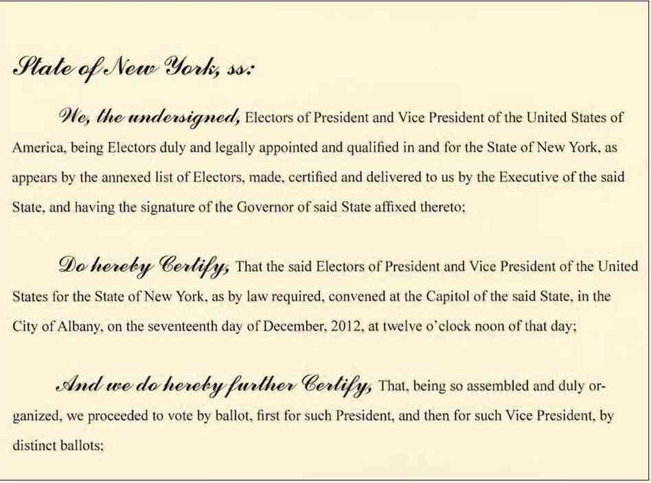 An image of New York's Electoral College certificate.