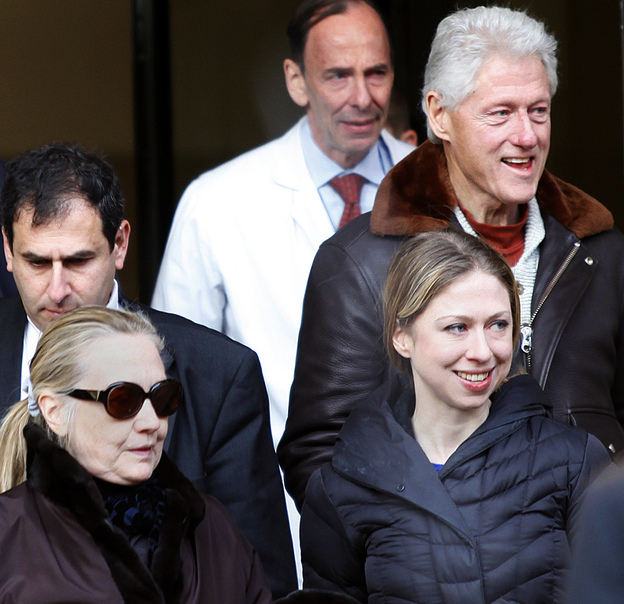 Wednesday: Secretary of State Hillary Clinton (in sunglasses) as she left New York Presbyterian Hospital with her husband, former president Bill Clinton (top right), and their daughter, Chelsea.