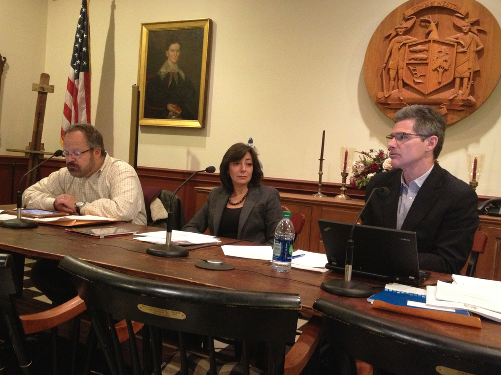 The three selectmen for the town of Weston, Conn., (from left: David Muller, Gayle Weinstein and Dennis Tracey) hold a town meeting in which they discuss a proposed gun control ordinance.