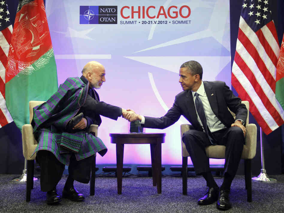 President Obama and Afghan President Hamid Karzai greet each other during a May 20 meeting at the NATO Summit in Chicago. Karzai is in Washington, D.C., this week to meet Obama and other senior U.S. officials.