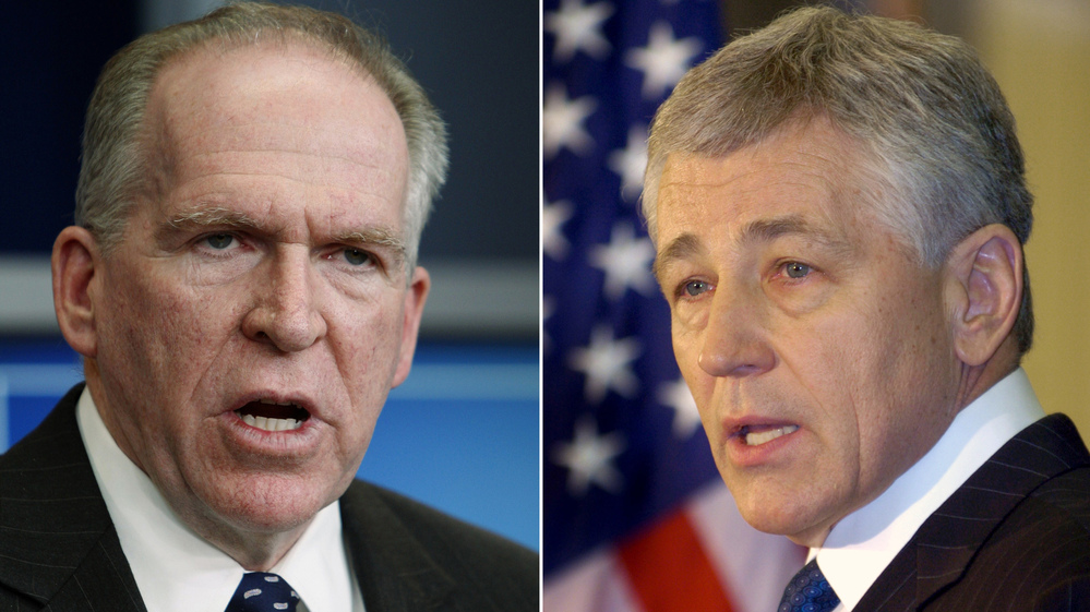 The nominees: John Brennan (left), who is President Obama's choice to head the CIA; and former Sen. Chuck Hagel, R-Neb., who the president has asked to be secretary of defense. The nominees: John Brennan (left), who is President Obama's choice to head the CIA; and former Sen. Chuck Hagel, R-Neb., who the president has asked to be secretary of defense.
