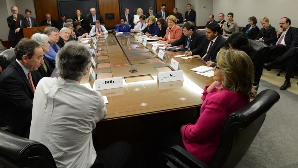Secretary of State Hillary Clinton (at right, in front) in a photo released today (Jan 7, 2013) by the State Department. A spokesman says it was taken around 9:15 a.m. ET at a meeting with the department's assistant secretaries. Secretary of State Hillary Clinton (at right, in front) in a photo released today (Jan 7, 2013) by the State Department. A spokesman says it was taken around 9:15 a.m. ET at a meeting with the department's assistant secretaries.