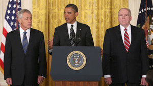 Former Sen. Chuck Hagel, left, President Obama and counterterrorism adviser John Brennan at today's announcement.