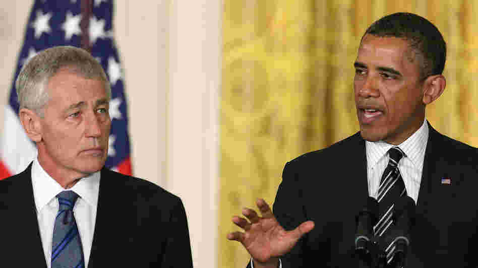 President Obama nominates former Sen. Chuck Hagel, R-Neb., to be defense secretary Monday at the White House.