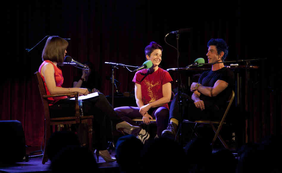 Host Ophira Eisenberg (left) interviews Christina Gelsone and Seth Bloom, a.k.a. Big Apple Circus' Acrobuffos, during a taping of Ask Me Another in Brooklyn, NY.