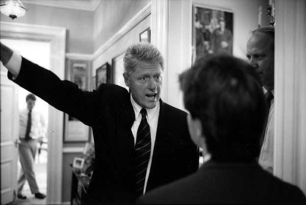 President Bill Clinton expresses displeasure to his adviser George Stephanopoulos.