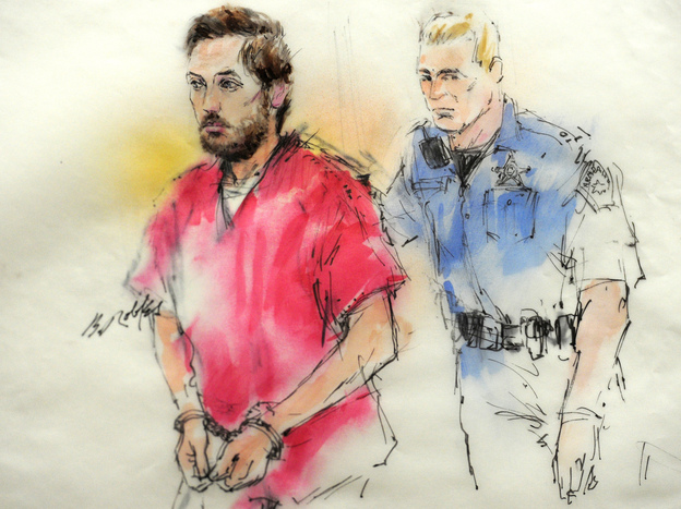 A courtroom sketch of James Holmes as he was brought into a courtroom in Centennial, Colo., this week.