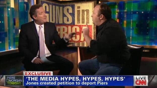 Piers Morgan, left, and Alex Jones on Monday night.