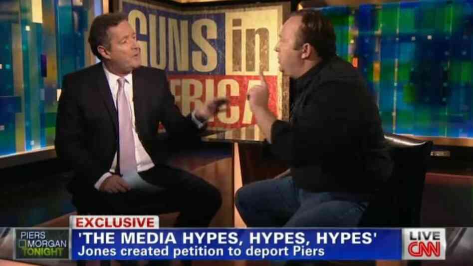 Piers Morgan, left, and Alex Jones on Monday night.